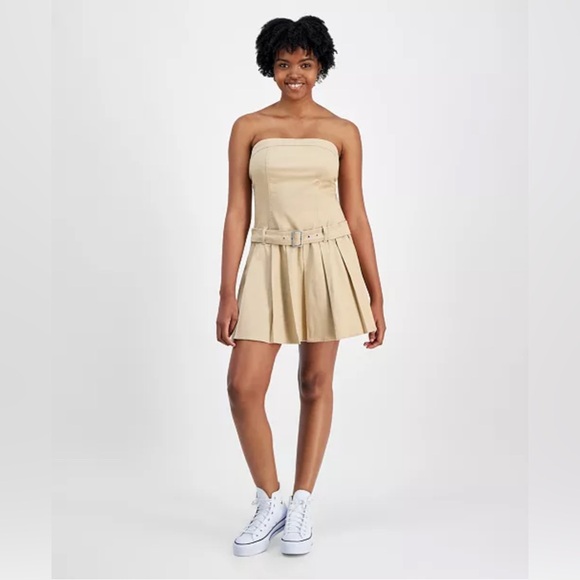 Tinseltown Juniors' Pleated Strapless Beige Denim Dress - Picture 1 of 5